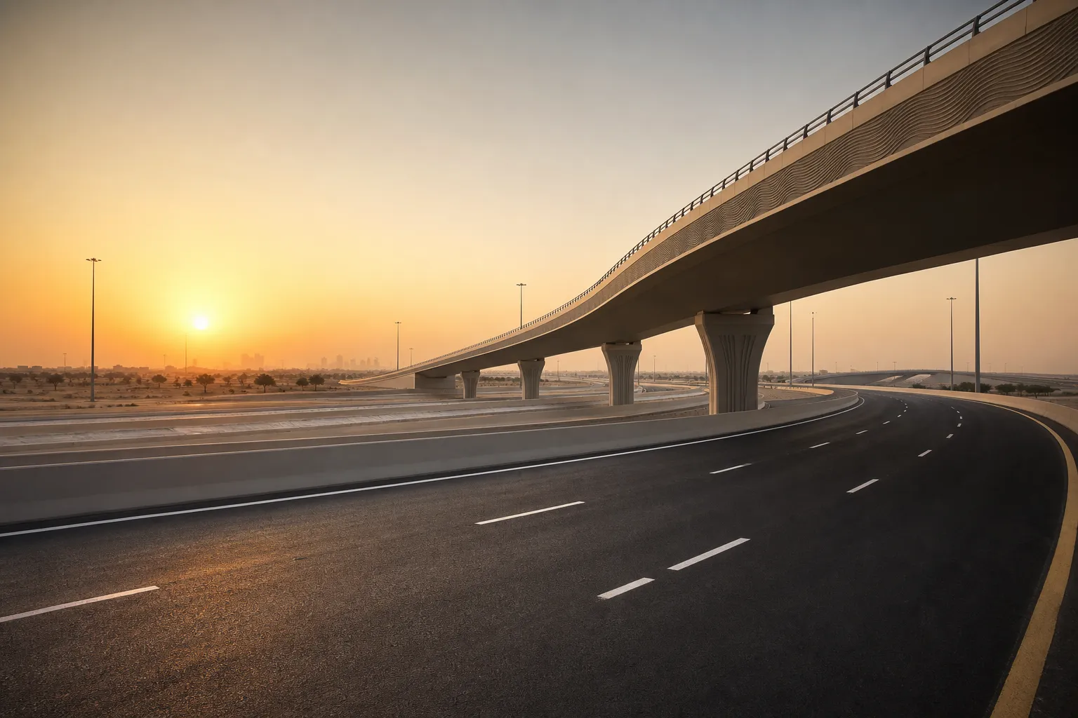 UAE road infrastructure at sunrise